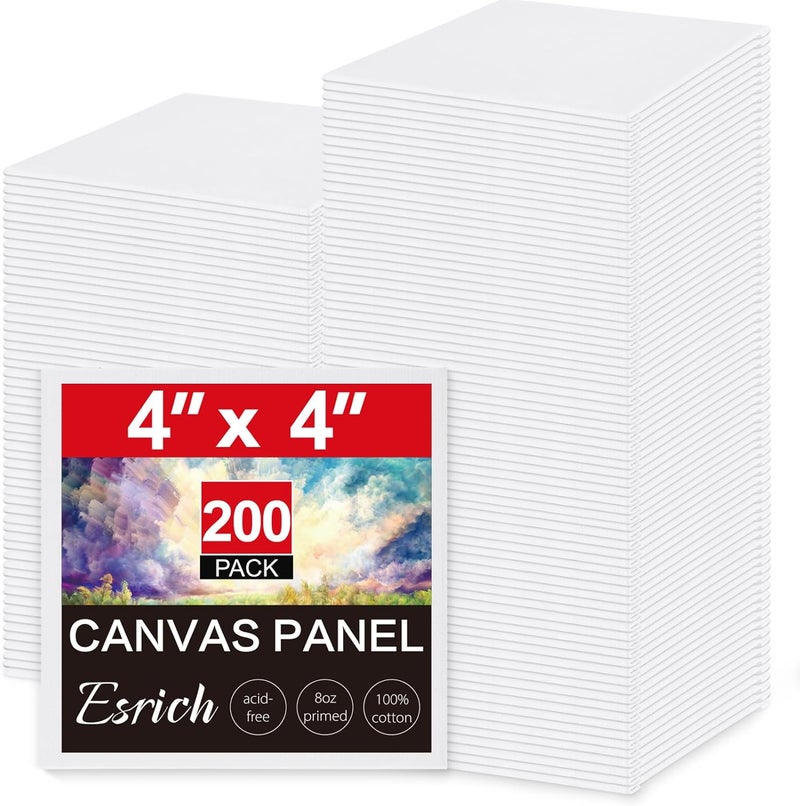 ESRICH لوحات قماشية صغيرة للرسم، 4x4 إنش في عبوة 200 حزمة من الألواح القماشية الصغيرة قماش قطن مدهون خالي من الأحماض للألوان الزيتية، والألوان المائية، والأكريليك، والغواش والتيمبرا. - Image 1